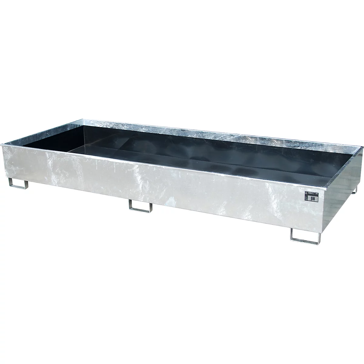 Bac métallique rectangulaire, gris, avec pieds et poignées. Intérieur noir.