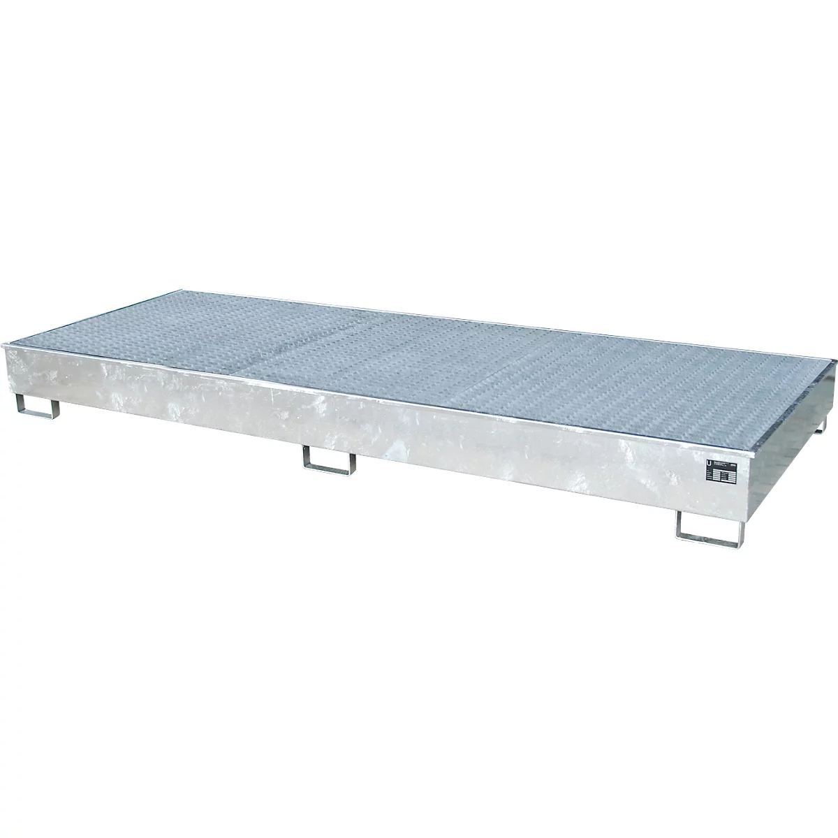 Un bac métallique avec une surface ondulée et des pieds rectangulaires, probablement pour le stockage ou comme surface de travail.