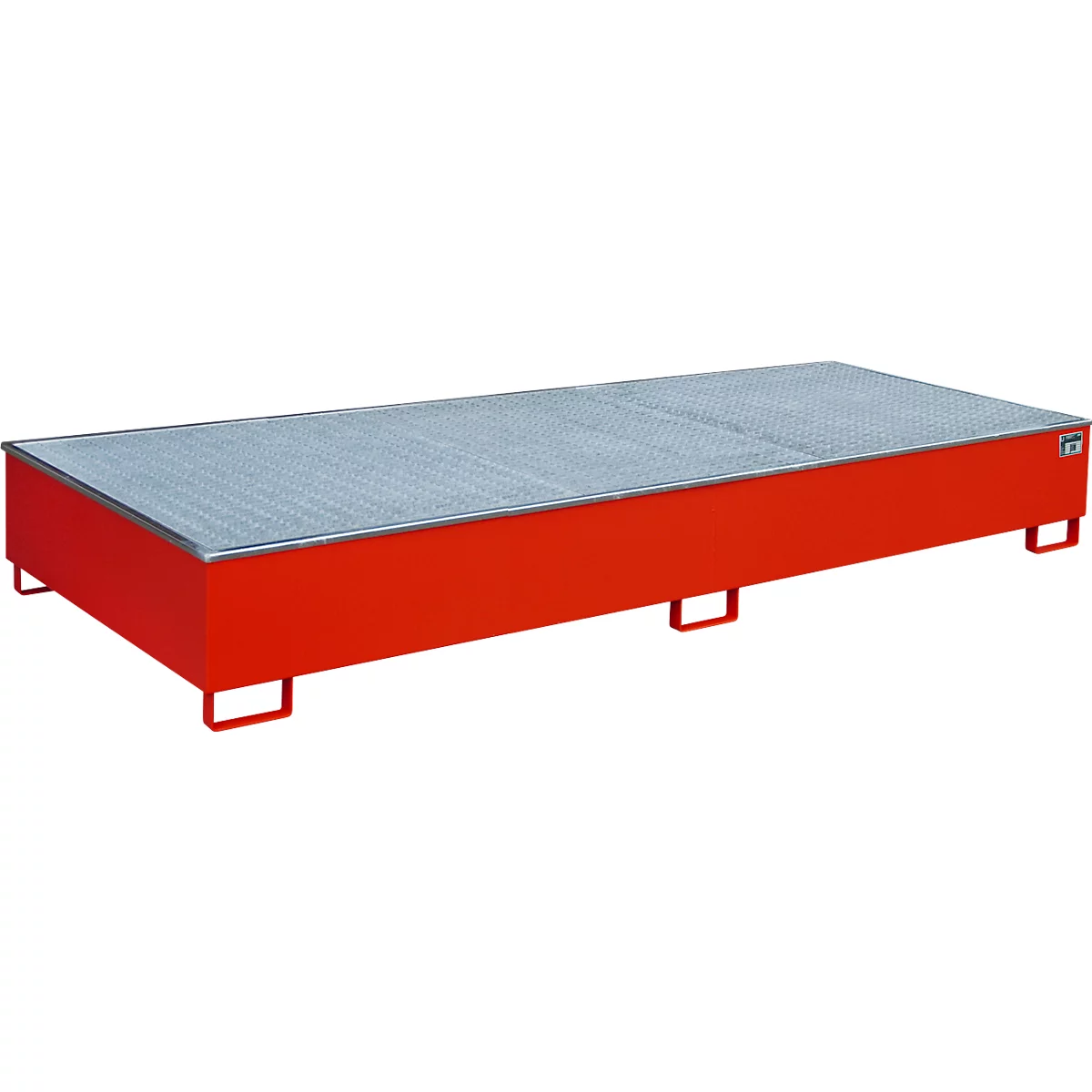 Bac de rétention rouge avec grille métallique et pieds.