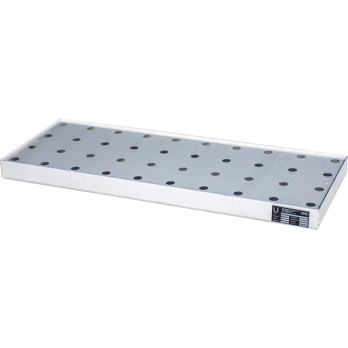 Bauer Bac pour petits récipients KGW 1/M V4A, avec grille en tôle perforée, L 940 x l 370 x H 60 mm, 20 L, 150 kg, inox 1.4571, argent