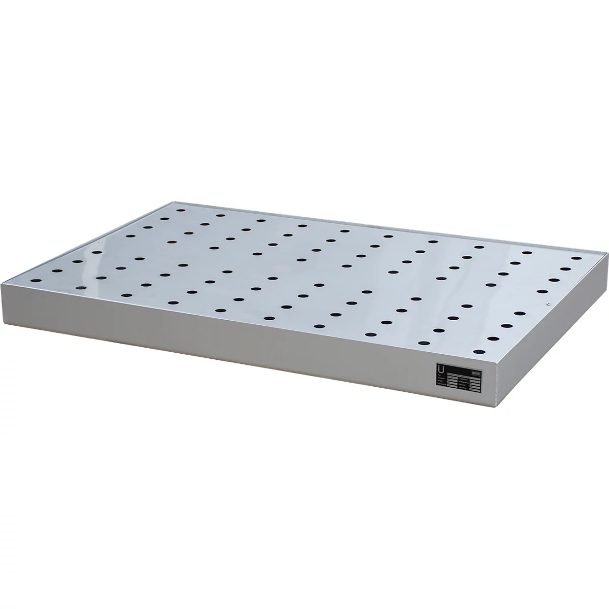Bauer Bac pour petits récipients KGW-P 4/M V4A, pour palettes Euro et palettes chimie, inox, L 1200 x l 600 x H 120 mm, jusqu'à 200 kg, avec grille en tôle perforée
