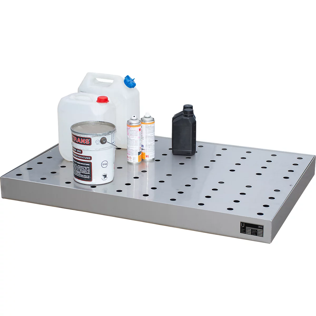 Bauer Bac pour petits récipients KGW-P 4/M V4A, pour palettes Euro et palettes chimie, inox, L 1200 x l 600 x H 120 mm, jusqu'à 200 kg, avec grille en tôle perforée