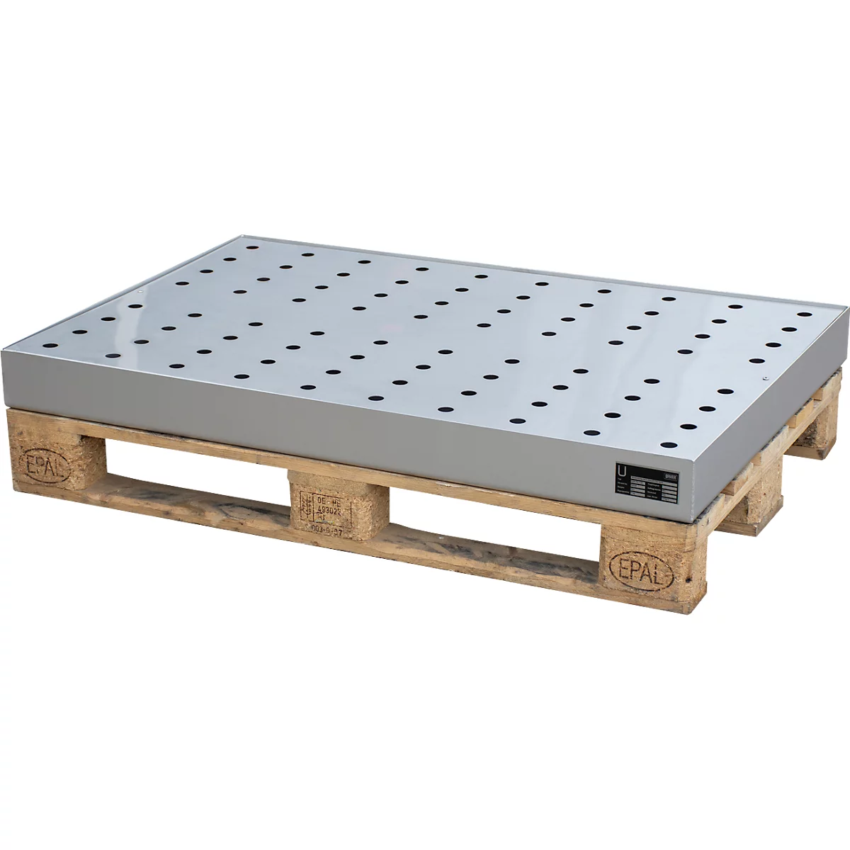 Bauer Bac pour petits récipients KGW-P 4/M V4A, pour palettes Euro et palettes chimie, inox, L 1200 x l 600 x H 120 mm, jusqu'à 200 kg, avec grille en tôle perforée