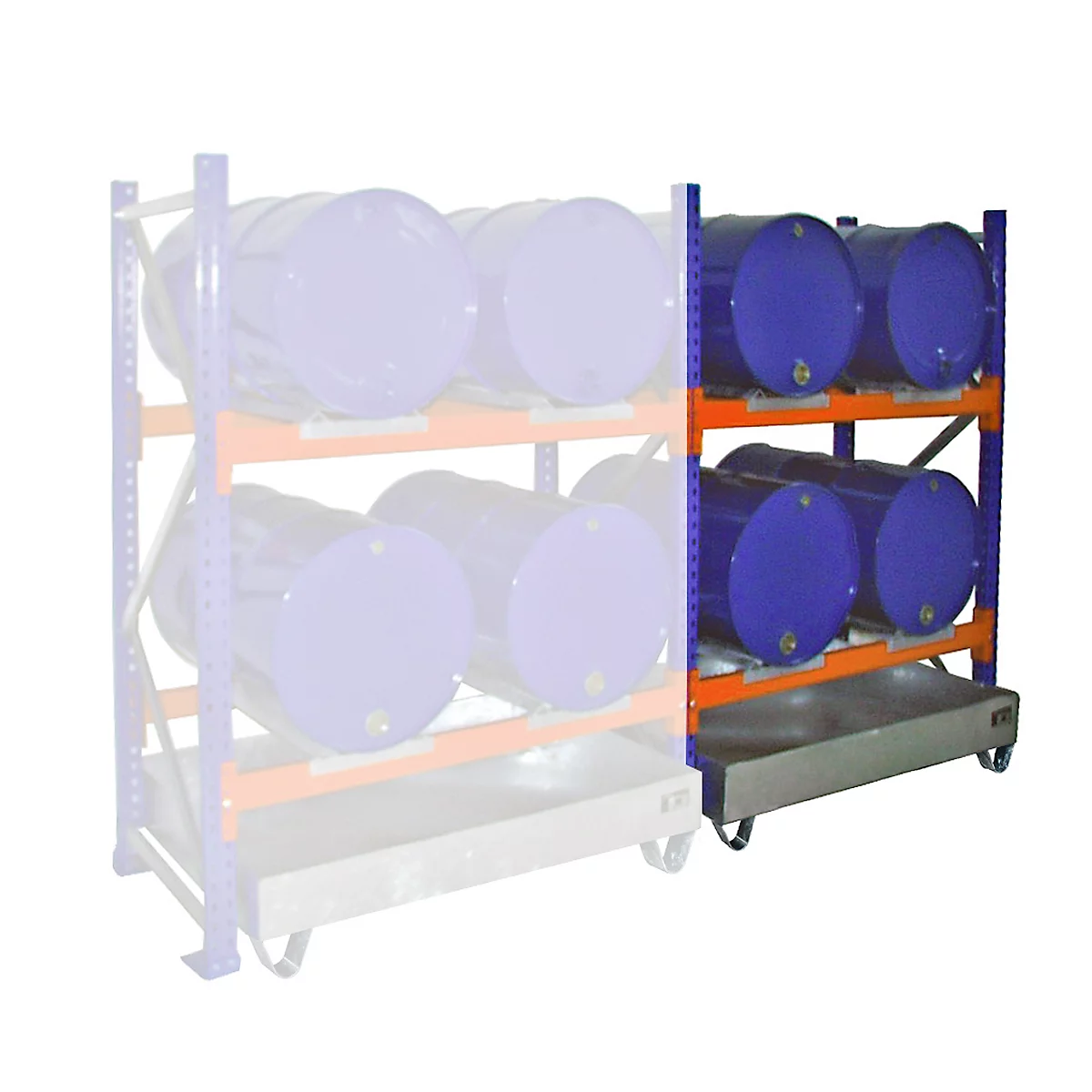 Blue and orange steel racking filled with blue barrels. Beneath the racking is a spill containment basin with wheels.