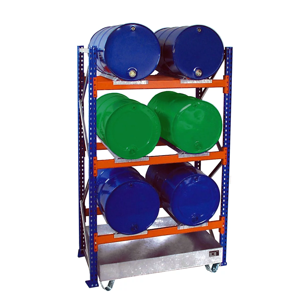 A storage rack with blue and green barrels.