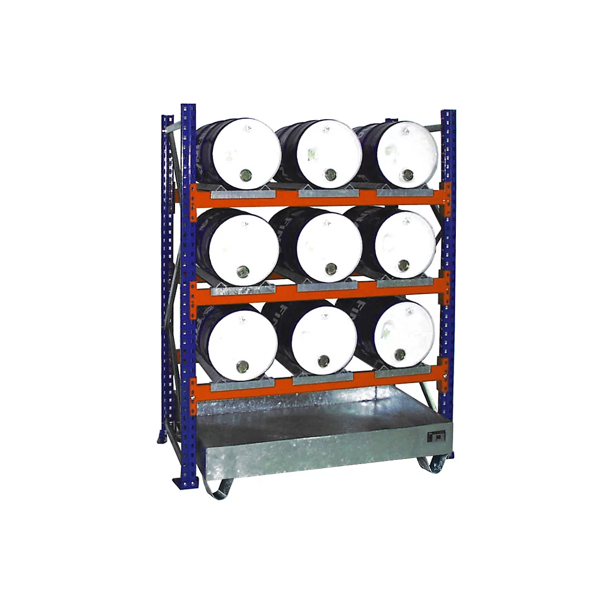 Warehouse rack holding eight drums, metal frame, wheels, and drip tray.
