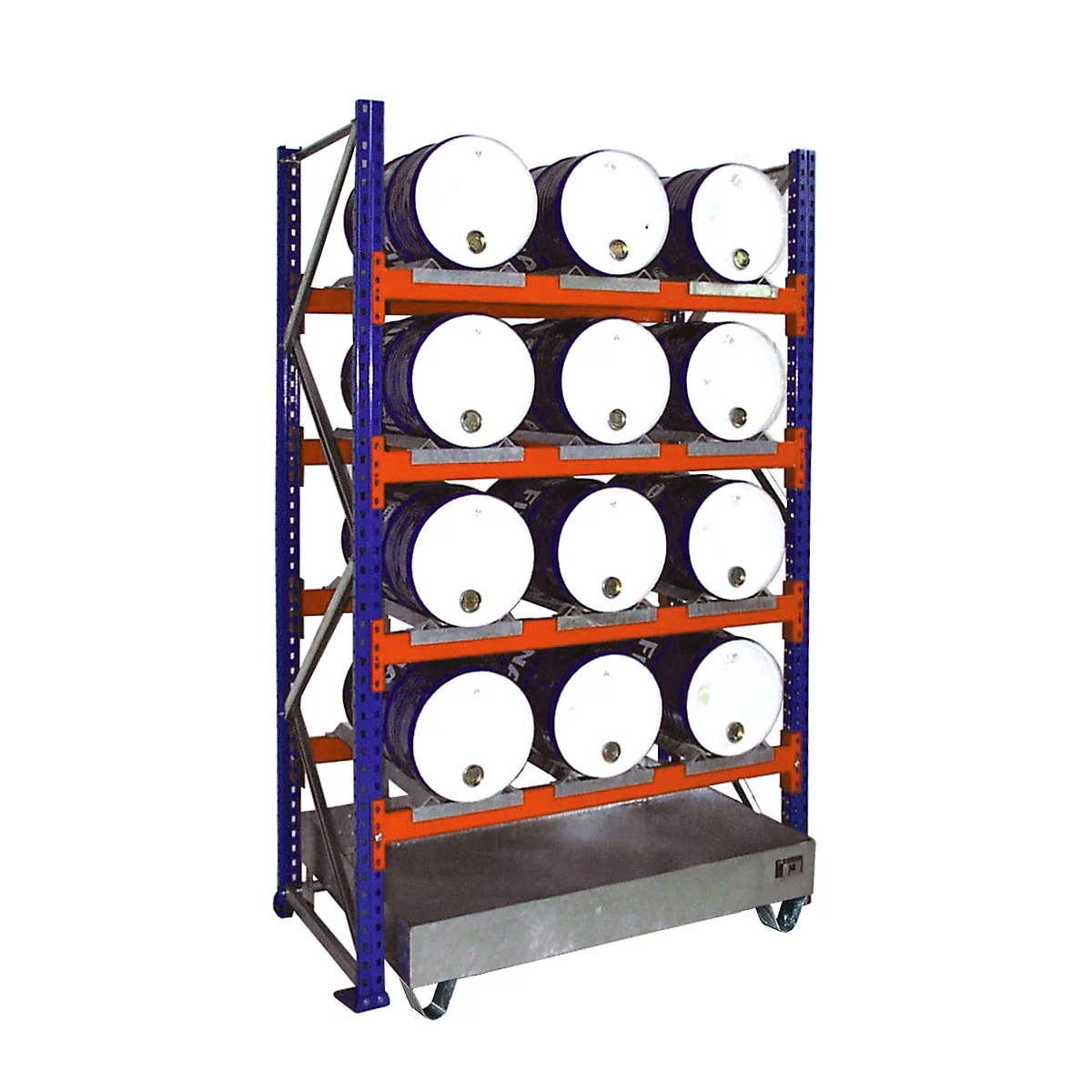 A storage rack with blue barrels and white lids. The rack is orange and blue. There is a drip tray under the rack.