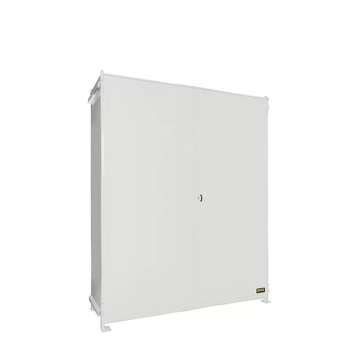 White cabinet against white background, with door handle and feet.