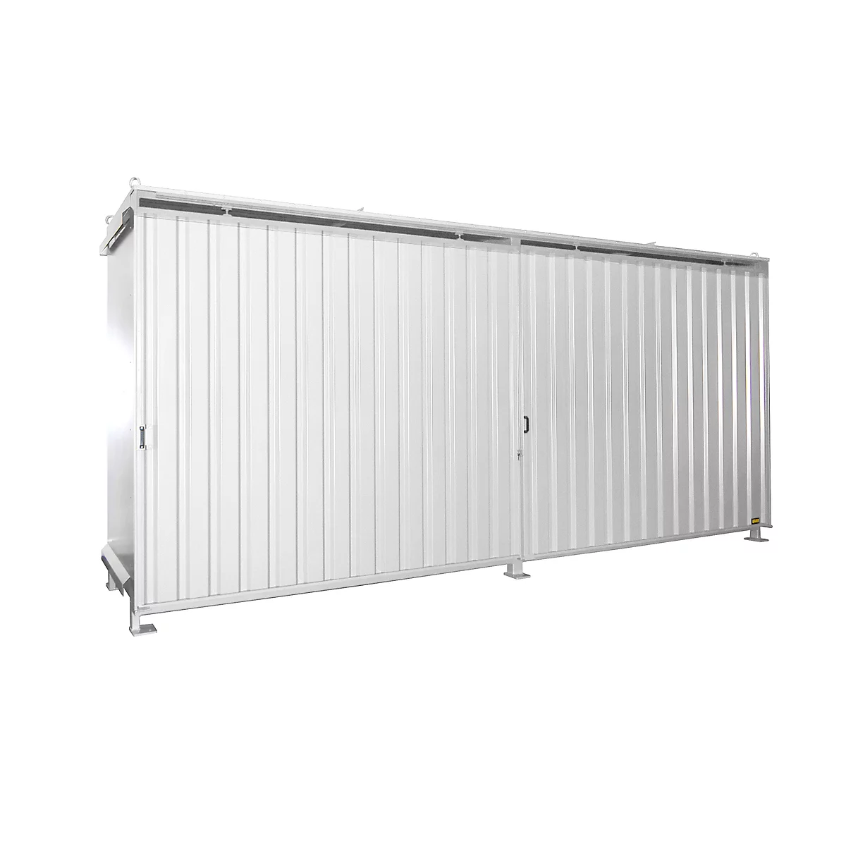 White, elongated container building with corrugated walls and two doors.