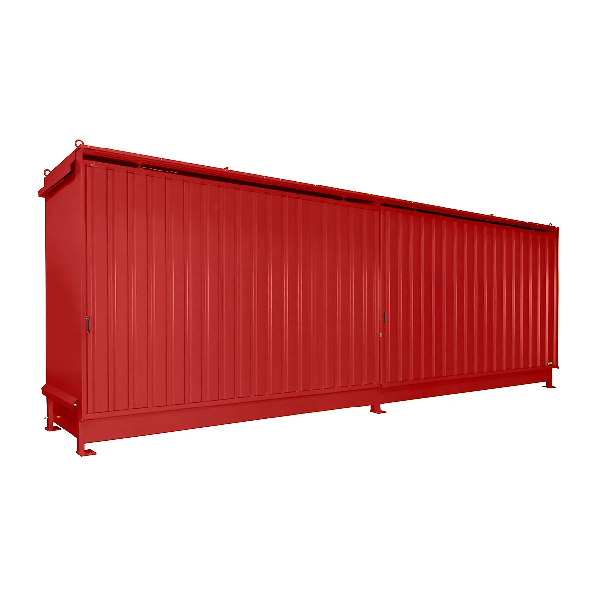 A red container with ribbed sides stands against a white background. It has doors and stands on metal feet.