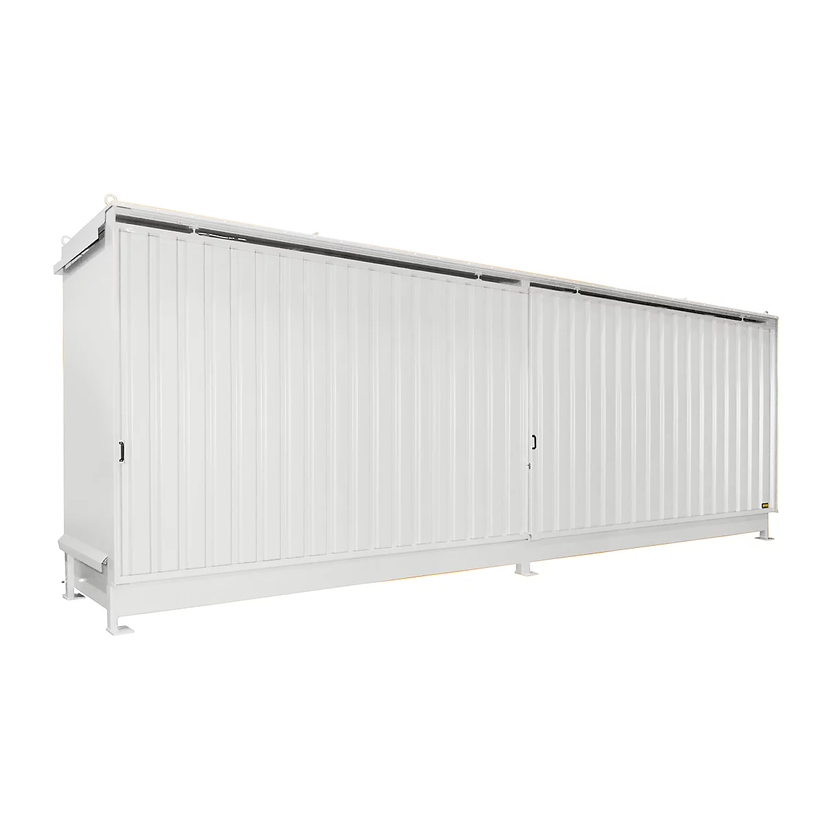 Large white container on supports, with two doors and corrugated sidewalls.