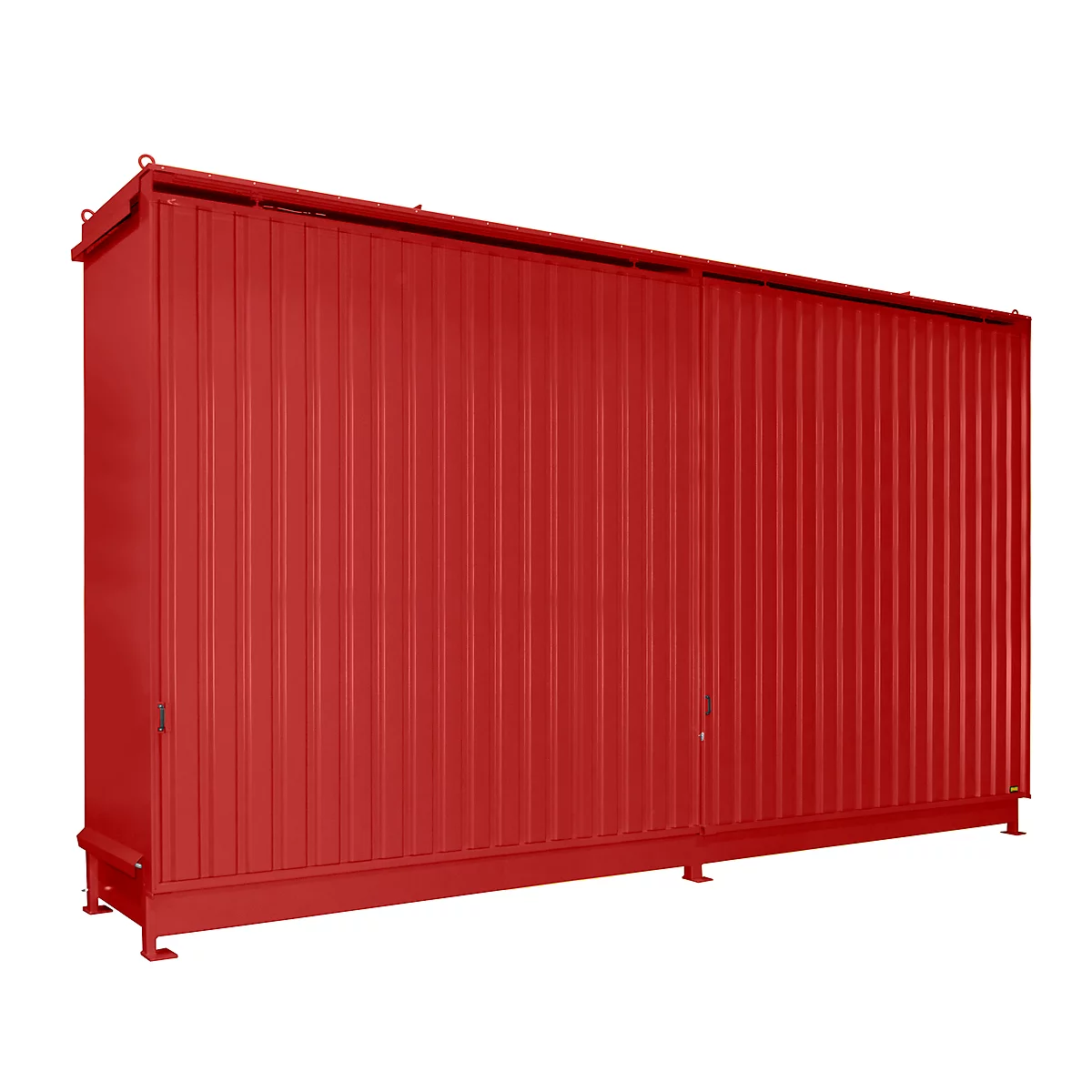 Red, container-like cabinet against a white background. Vertical grooves structure the surface. Two doors, square shape.
