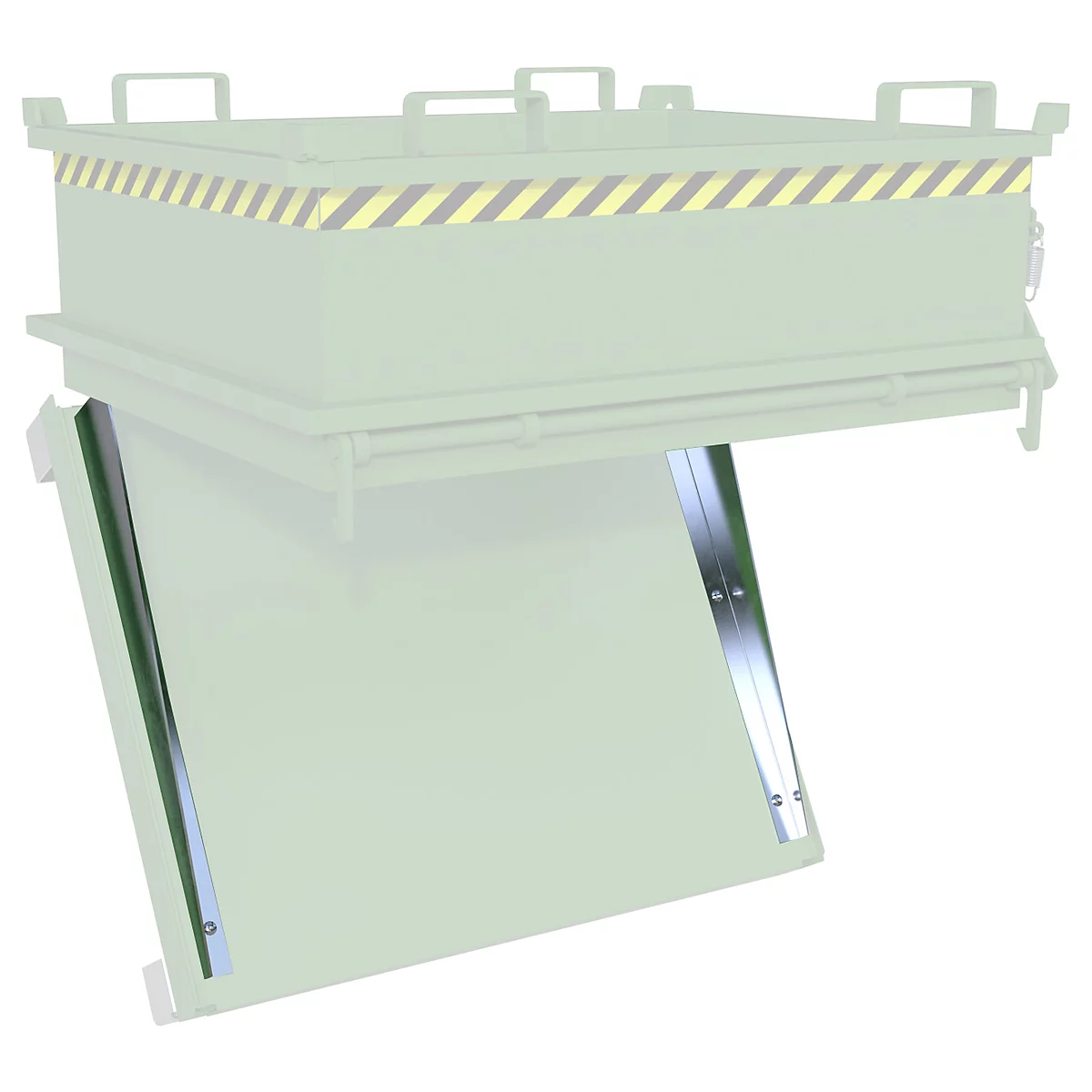 Schuine groene metalen oprit met geel en zwart gestreept patroon aan de bovenrand en zilverkleurige stutten.