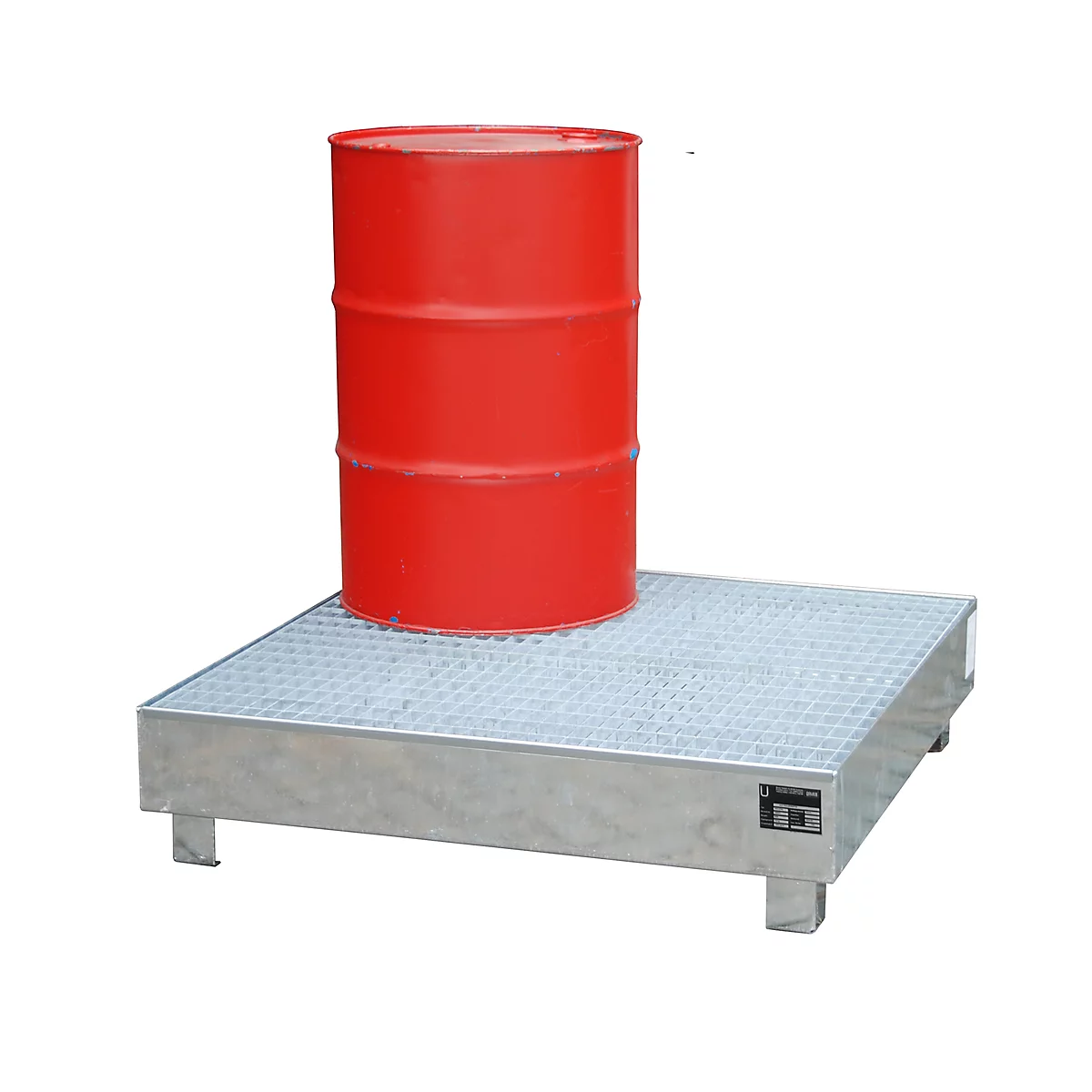 Red barrel standing on a galvanized steel tray.