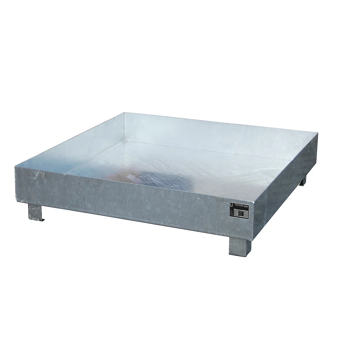 Square, galvanized steel tray on four short feet.
