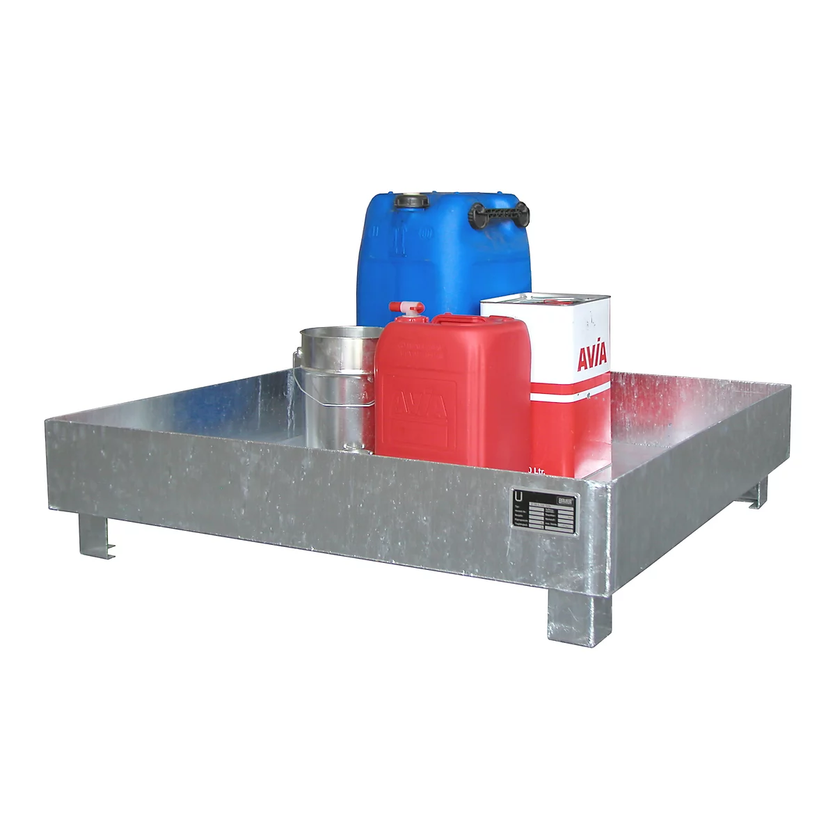 A steel drip pan with various containers: blue canister, red canisters, bucket, and an AVIA box.