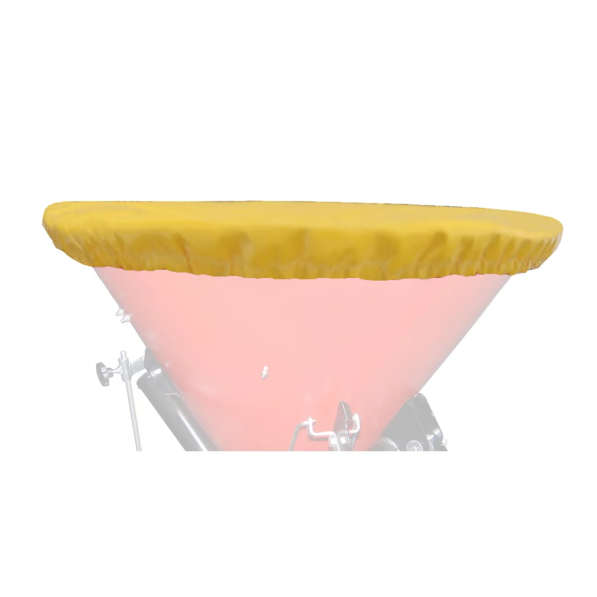 Housse jaune sur un objet rouge. L'arrondi est légèrement ondulé. Un cadre est visible en arrière-plan.