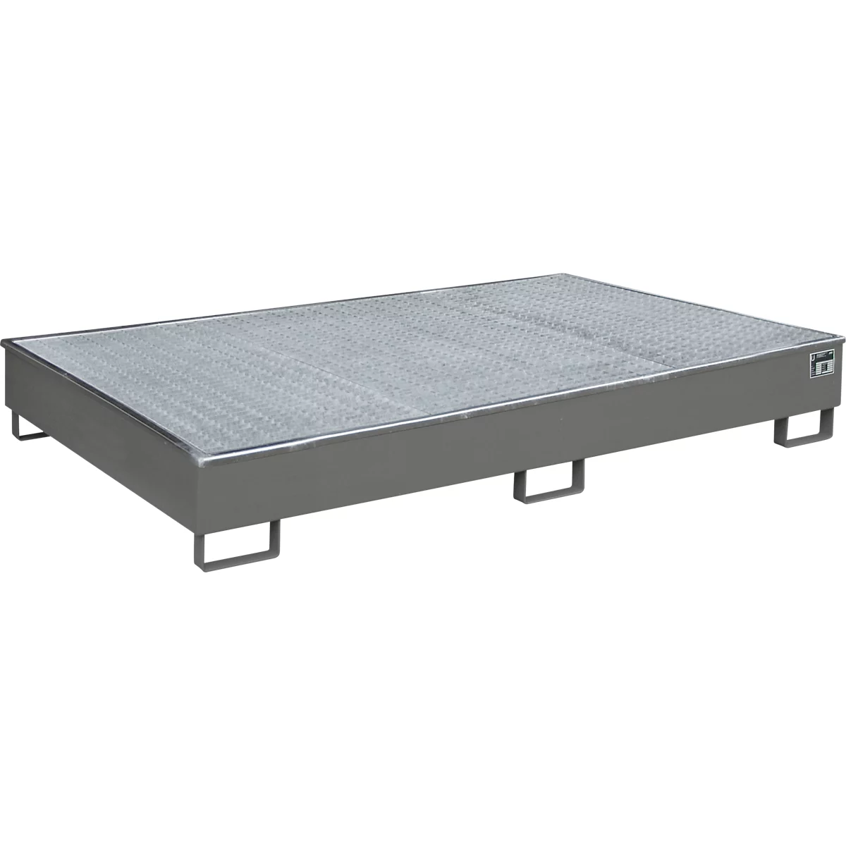 Grijze metalen pallet met geperforeerde metalen oppervlak en vier poten.