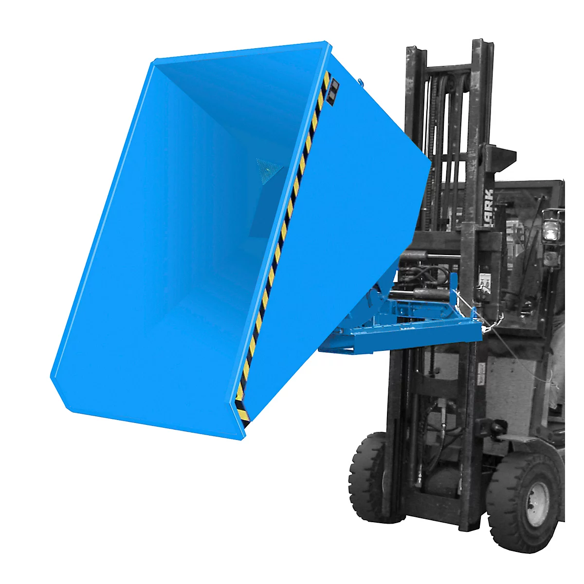 Blauwe kantelbak op een vorkheftruck, diagonaal gekanteld naar de camera.