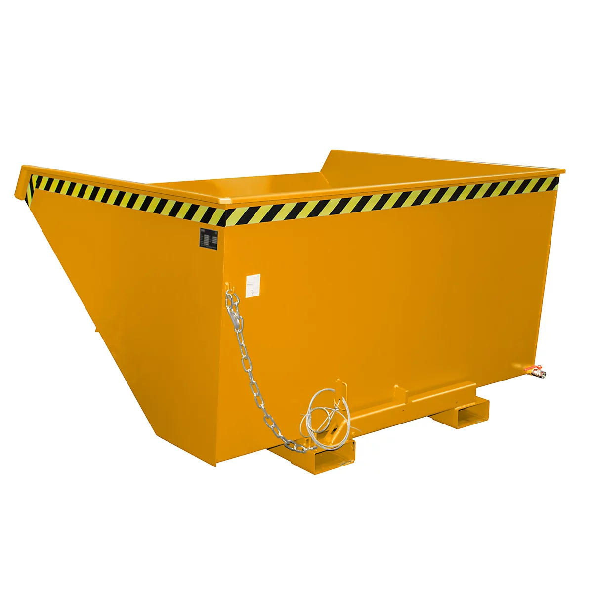 Gele container met zwart-gele strepen, ketting en haak.