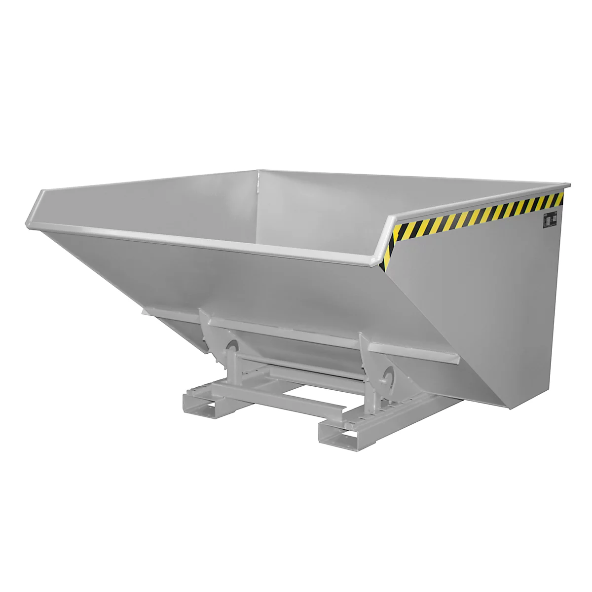 Grijze kantelcontainer met geelzwarte waarschuwingsmarkeringen.