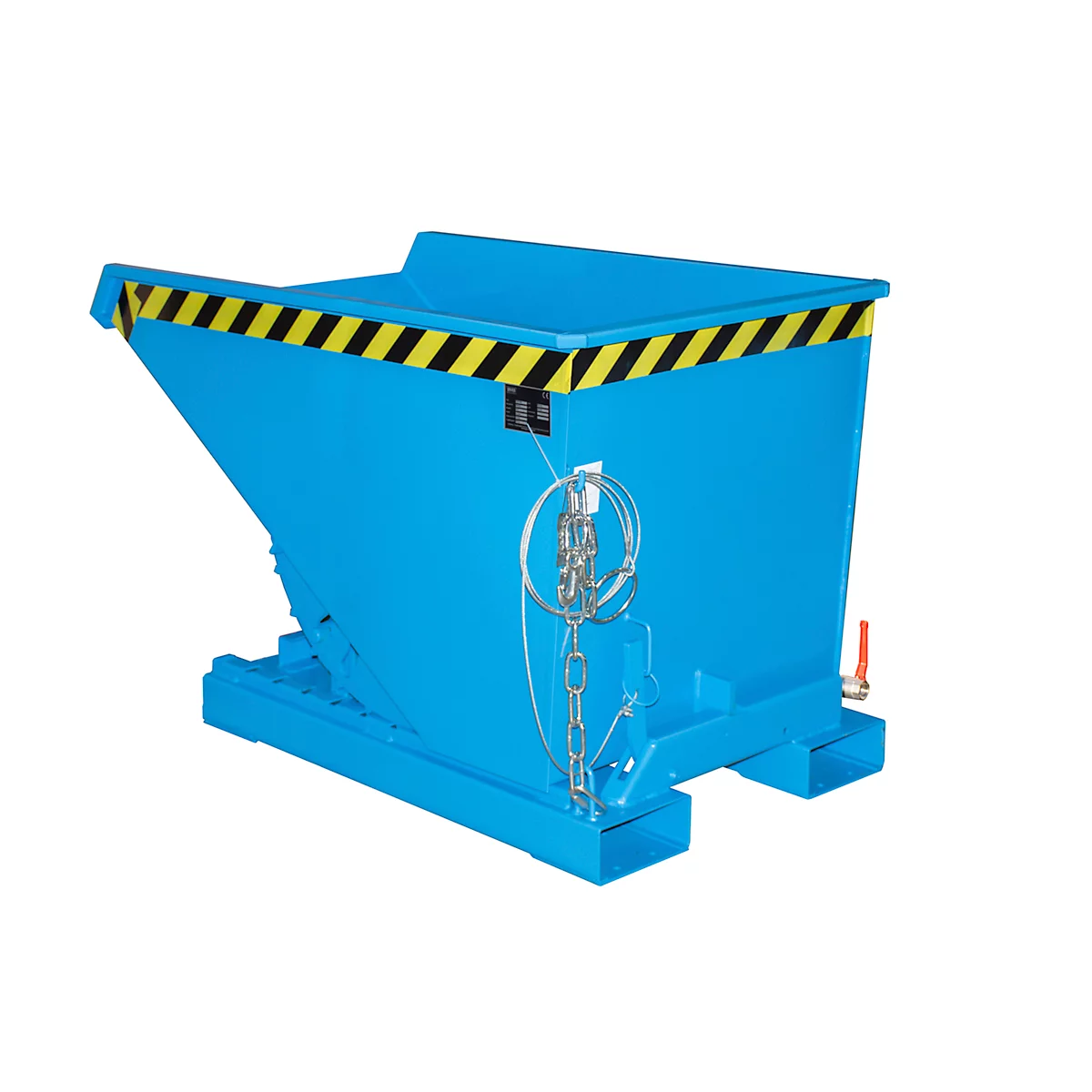 Blauwe kantelbak. De bovenrand heeft geel en zwarte strepen. Er zit een ketting aan de zijkant.