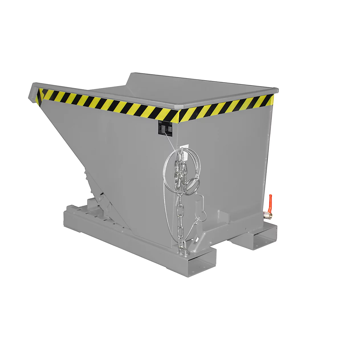 Grijze kantelbak met geel-zwarte waarschuwingsstrepen. Detailweergave toont mechanisme en aftapkraan.