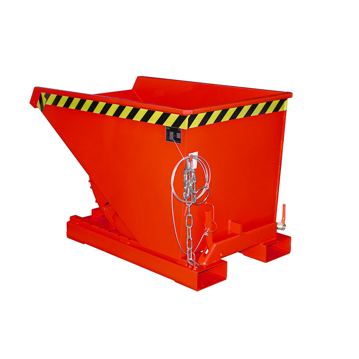 Oranje kiepbak, zwart-geel gestreept aan de rand. Ketting en staalkabel aan de zijkant.