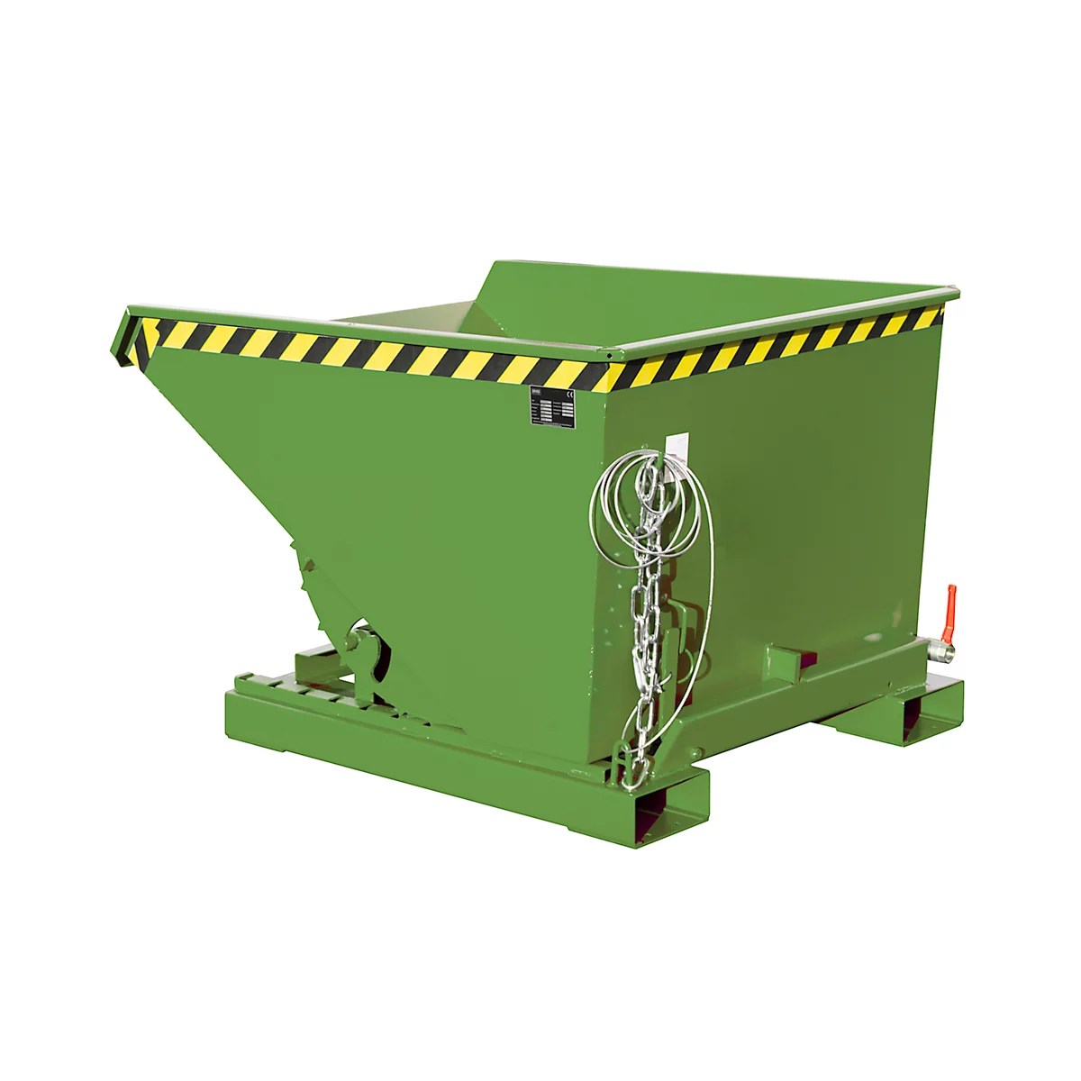 Groene bak met geel-zwarte waarschuwingsstrepen en ketting. Hij staat op een stevige sokkel.