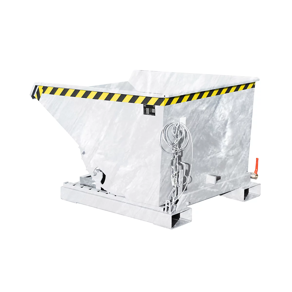 Een zilveren kantelcontainer met een zwart-gele markering, op een witte achtergrond.