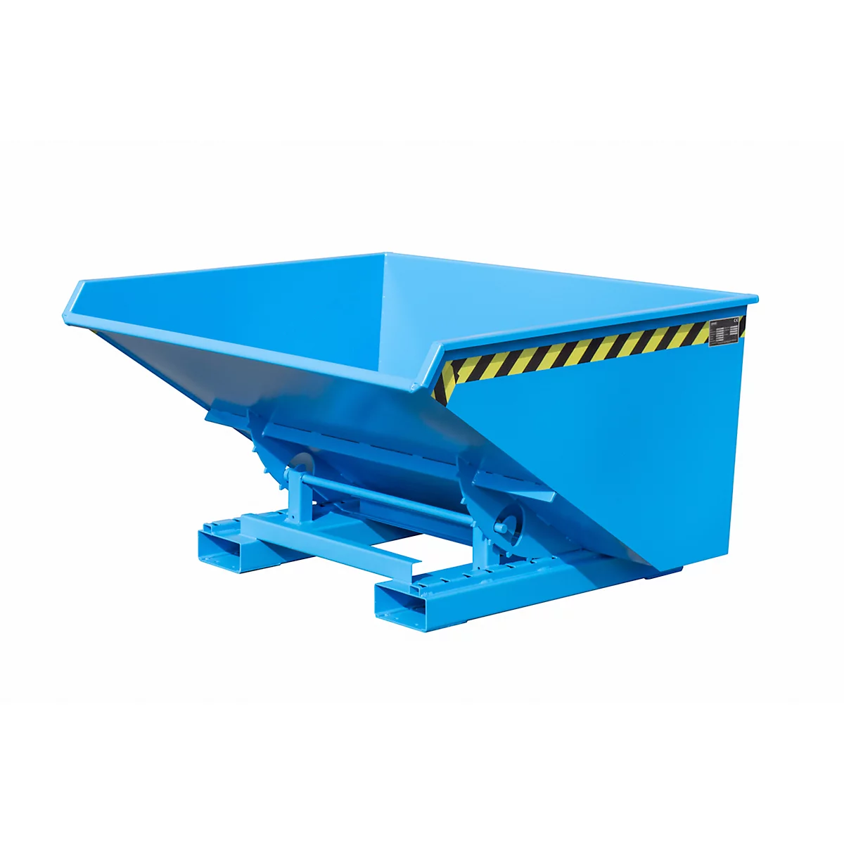 Blauwe kieper met geelzwarte waarschuwingsstrepen. Hij staat op een blauw metalen frame.