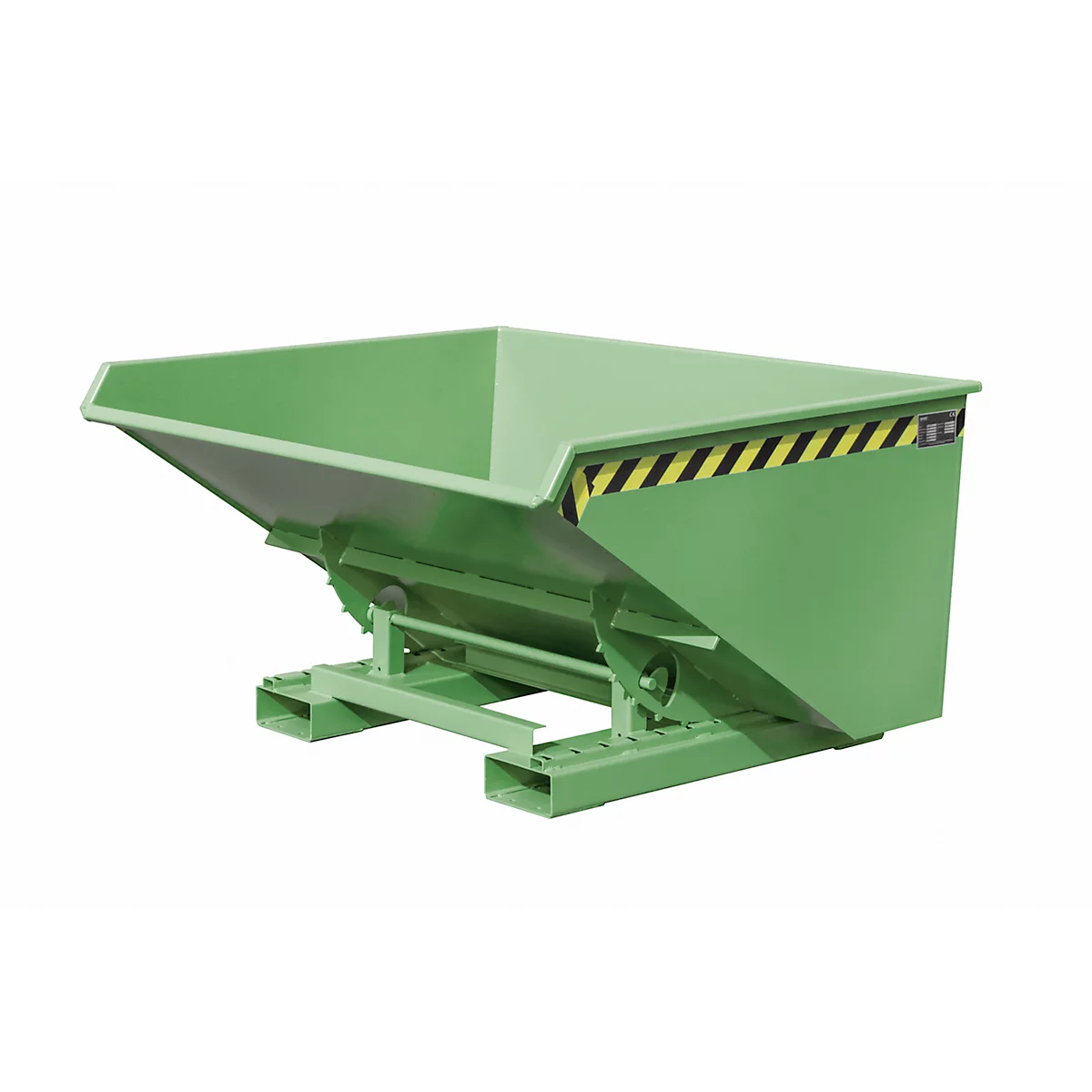 Groene container met schuine voorkant en zwart-gele waarschuwingsstrepen.