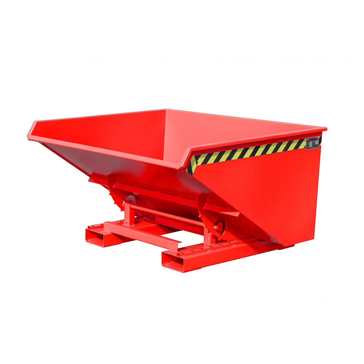 Rode, rechthoekige container met zwarte en gele waarschuwingsstrepen. Hij staat op een rood frame tegen een witte achtergrond.