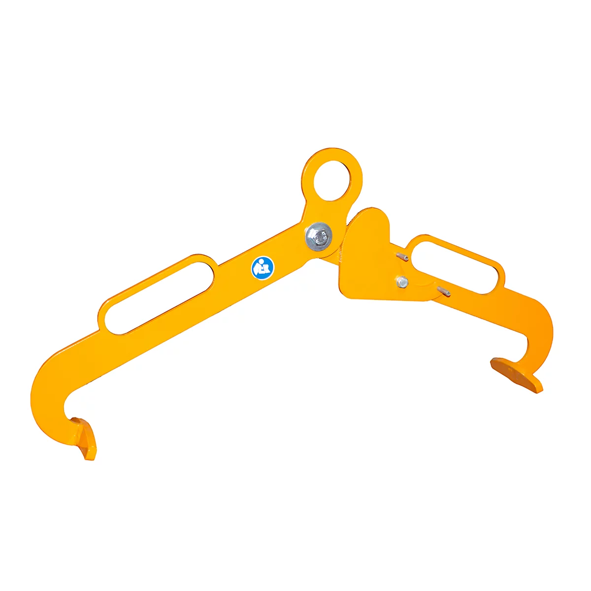 Orangefarbene Hebeklemme, geöffnet, für das Heben von Lasten.