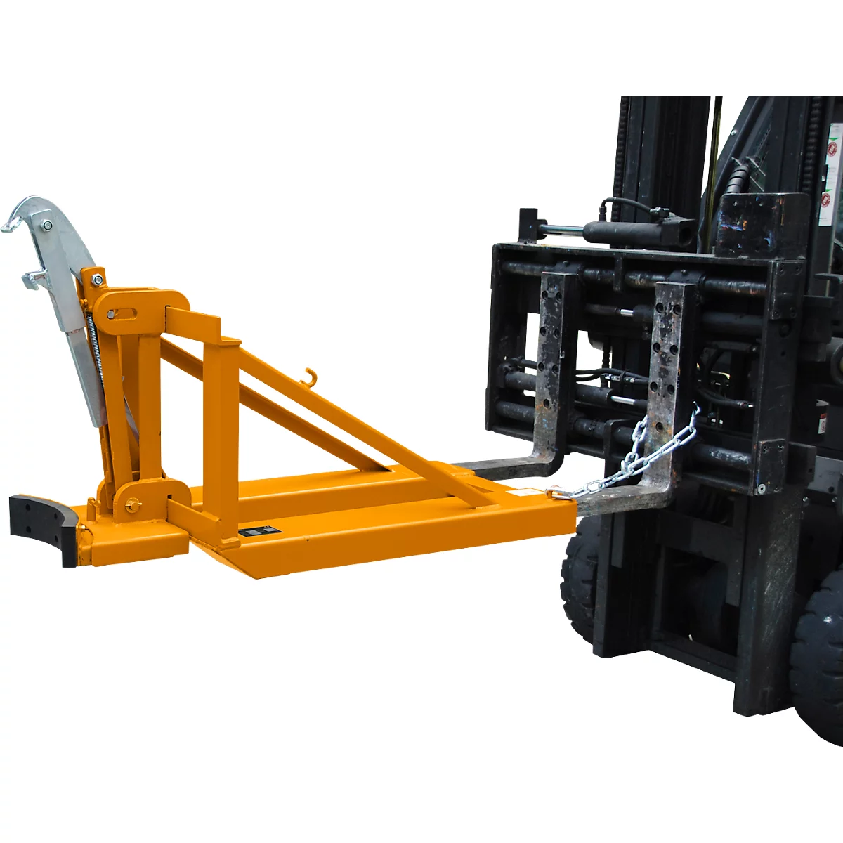 Bauer Fasslifter RS-I/D 91, für Stapler, 1 x 110 bis 200-l-Deckelfässer, L 1285 x B 585 x H 810 mm, bis 800 kg, Stahl, Gelborange