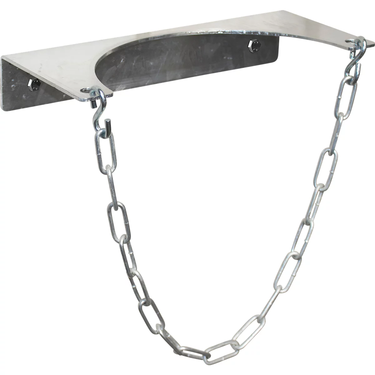 Metal wall bracket with a chain for securing. Grey metal hook, semicircular bracket, chain hangs down.