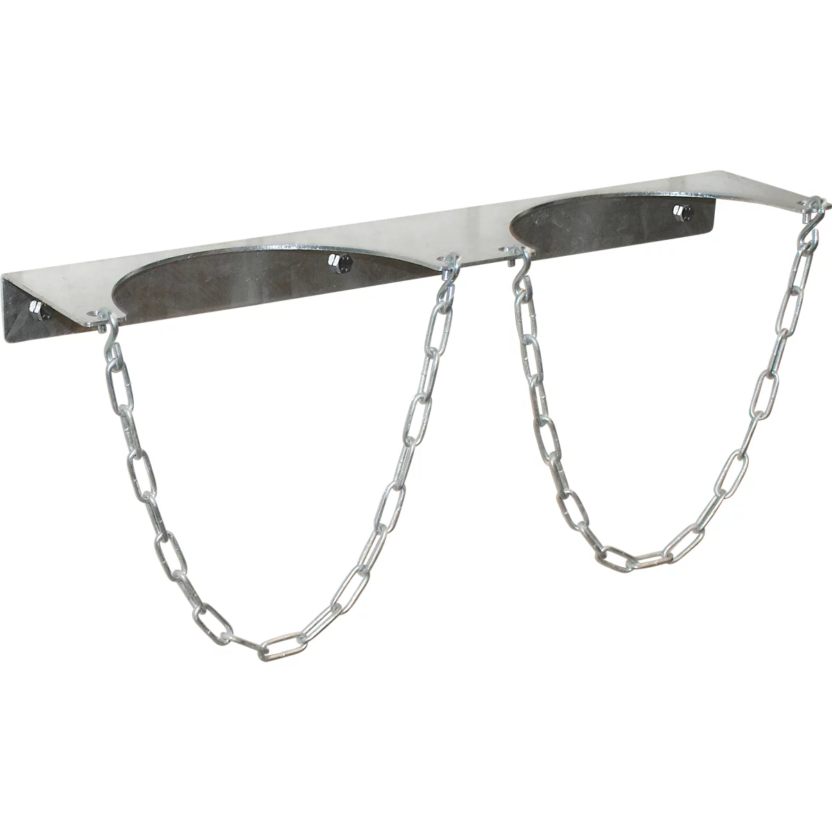 Metal wall mount with two cylindrical openings and chains. Holder for gas cylinders.