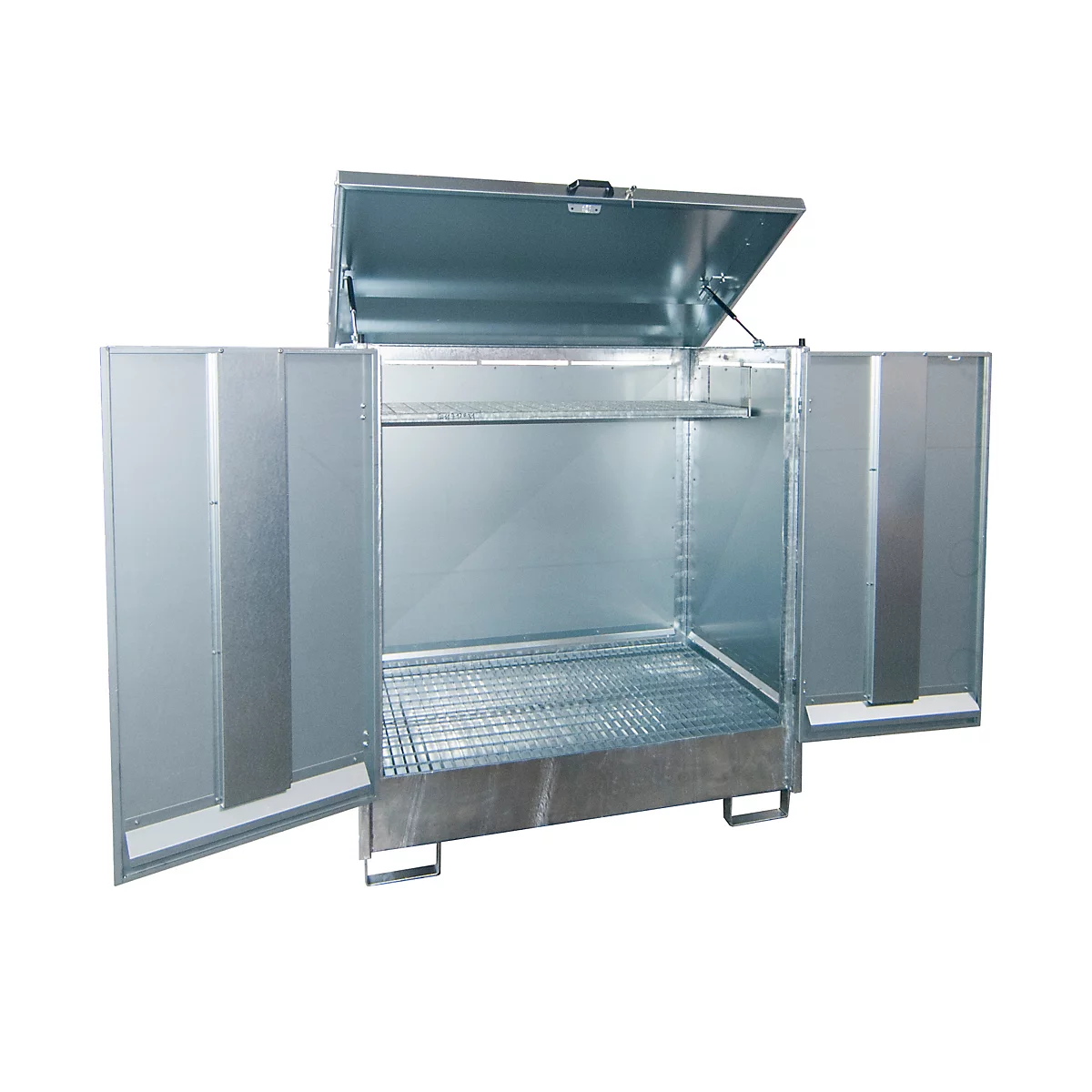 Offener Metallschrank, Deckel und Türen offen, innen Regale und Gitter.