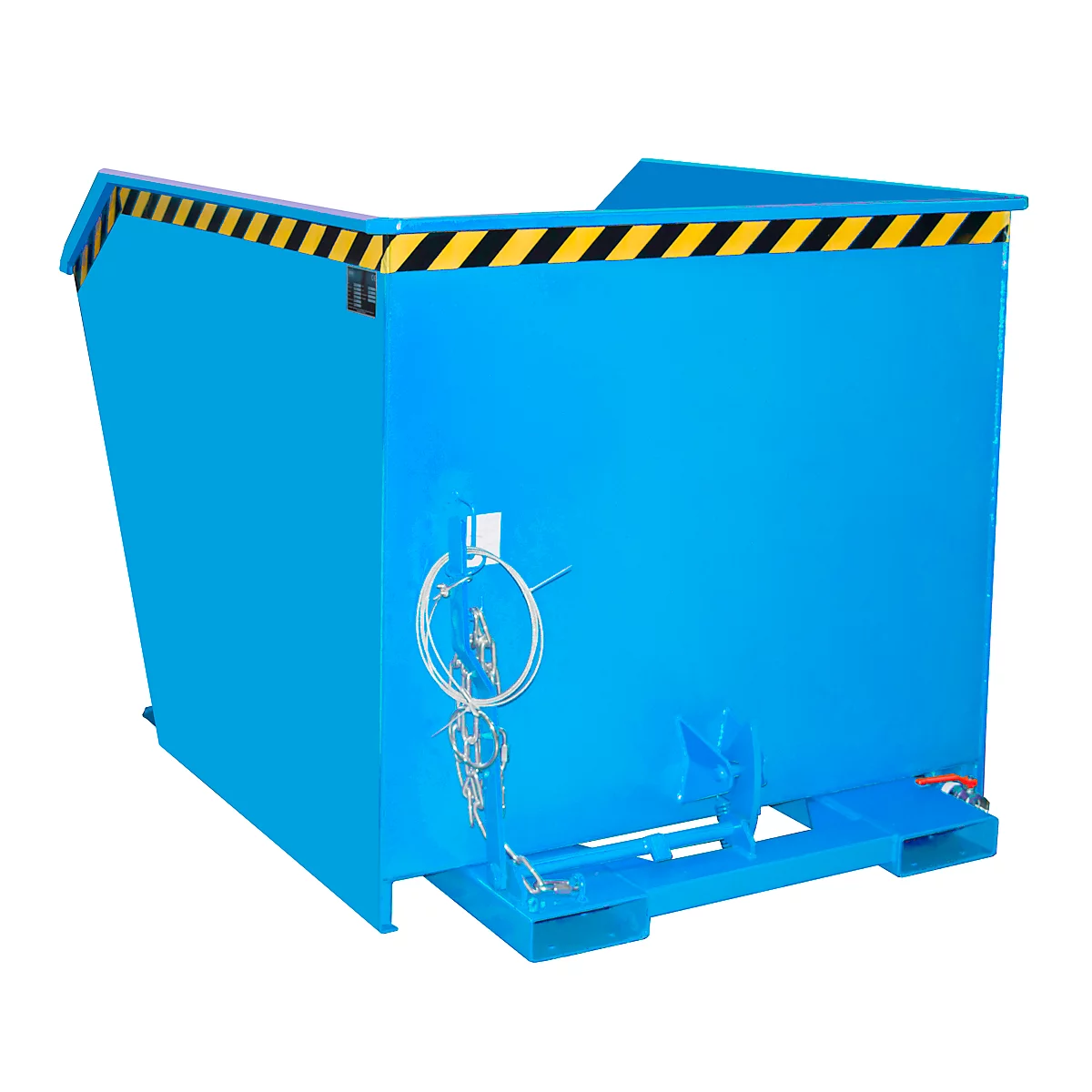 Blauwe kantelbak met zwart-gele waarschuwingsmarkeringen. De container staat op een blauwe pallet.