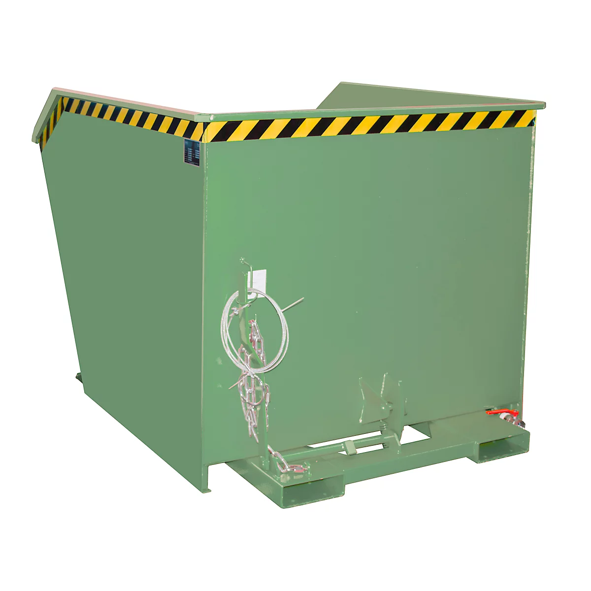 Groene metalen bak met waarschuwingsstrepen, palletbasis en ophanginrichting.