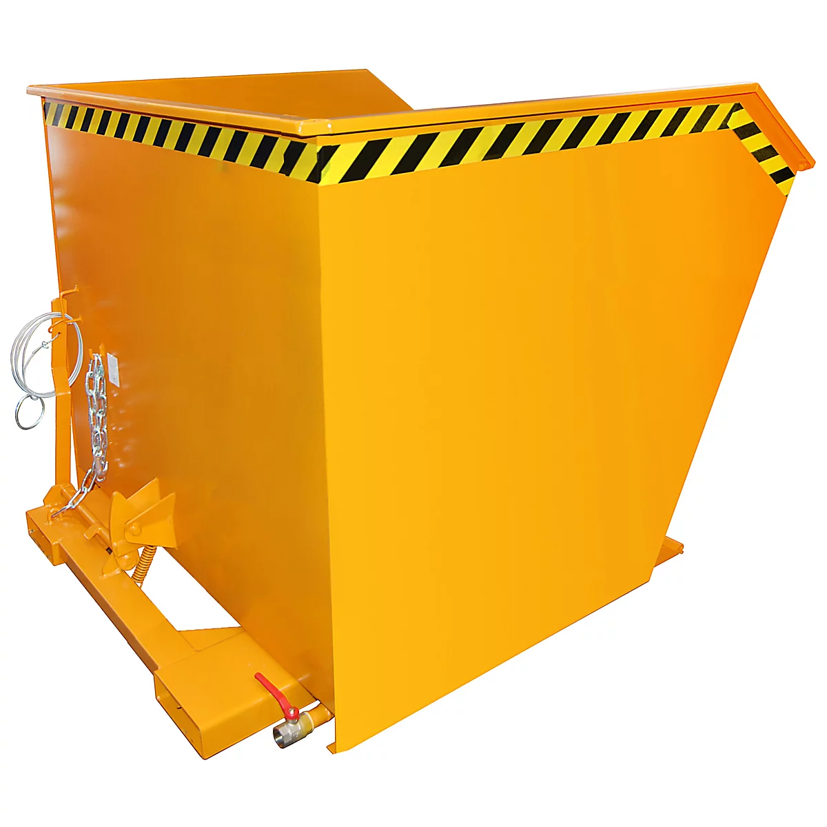 Gele kantelcontainer met zwart-gele waarschuwingsmarkeringen, metaal en ketting. De afbeelding toont een close-up.