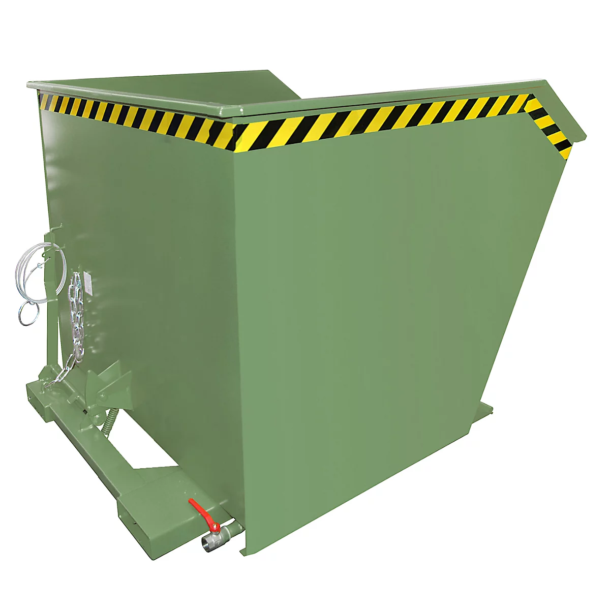 Groene, trapeziumvormige afvalcontainer. De bovenrand is voorzien van gele en zwarte waarschuwingsstrepen. Onderaan zit een aftapkraan.