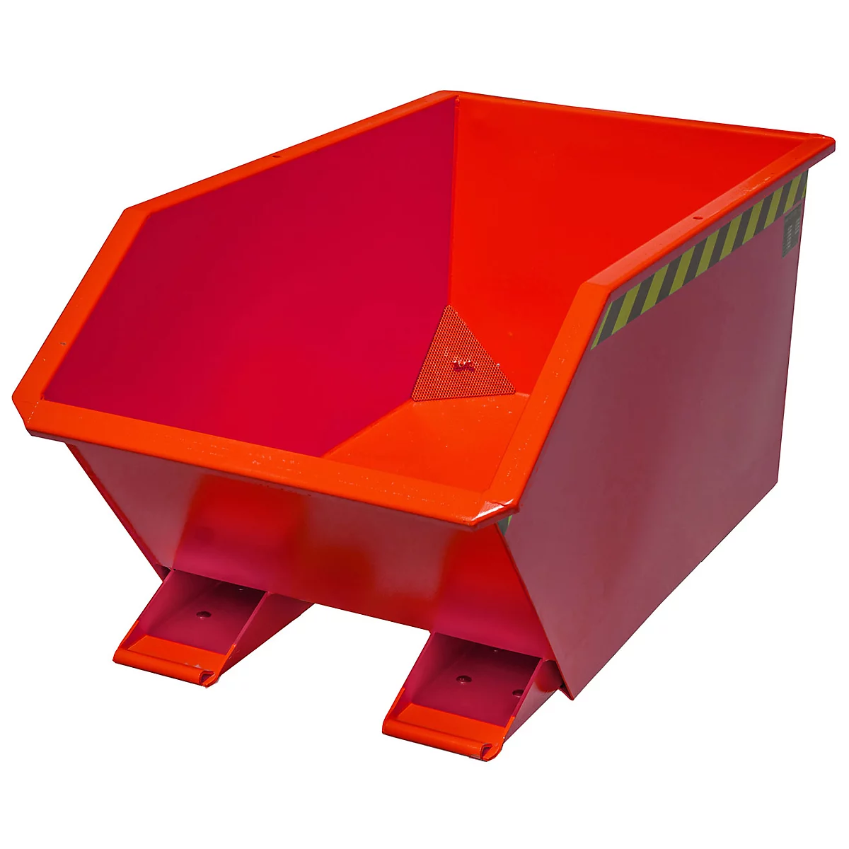 Rode, trapeziumvormige metalen bak. Schuine zijden, geel-zwarte strepen, twee voeten.