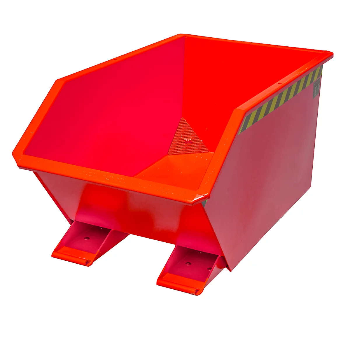 Detailopname van een rood object met een driehoekig, geperforeerd metalen element. Het element is met een schroef bevestigd.