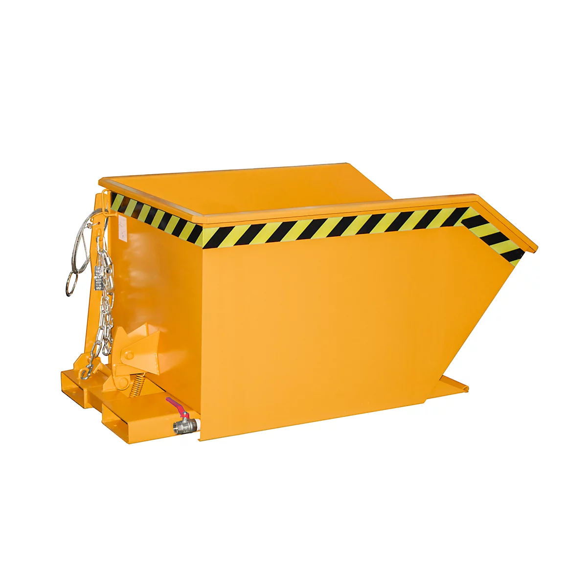 Gele industriële container. Bovenkant met zwart-gele waarschuwingsstrepen, met ketting en vorkheftruckbevestiging.