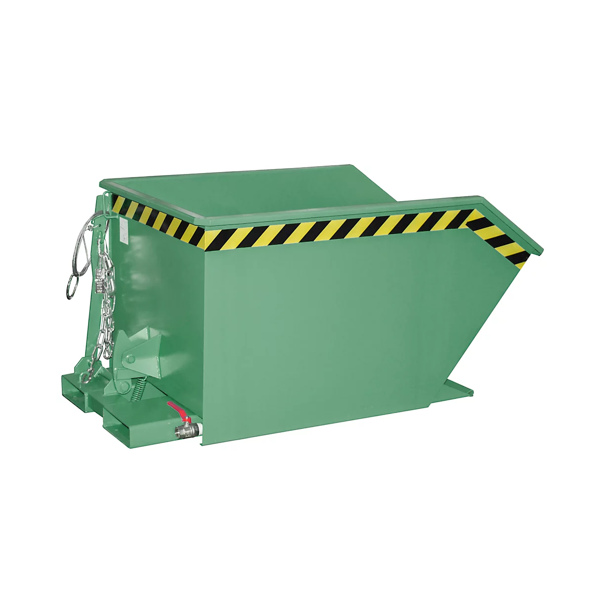 Groene stalen container met deksel en kettingen. Geel-zwarte waarschuwingsstrepen. Tegen een witte achtergrond.