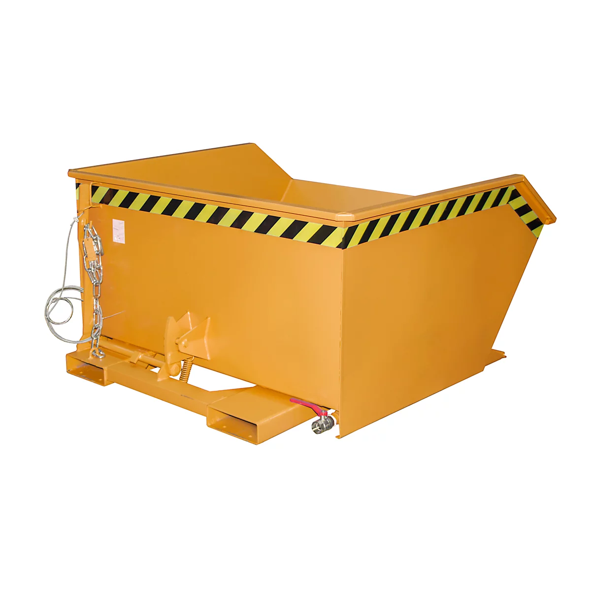 Gele afvalcontainer, zwart en geel gemarkeerd, staat op een pallet.