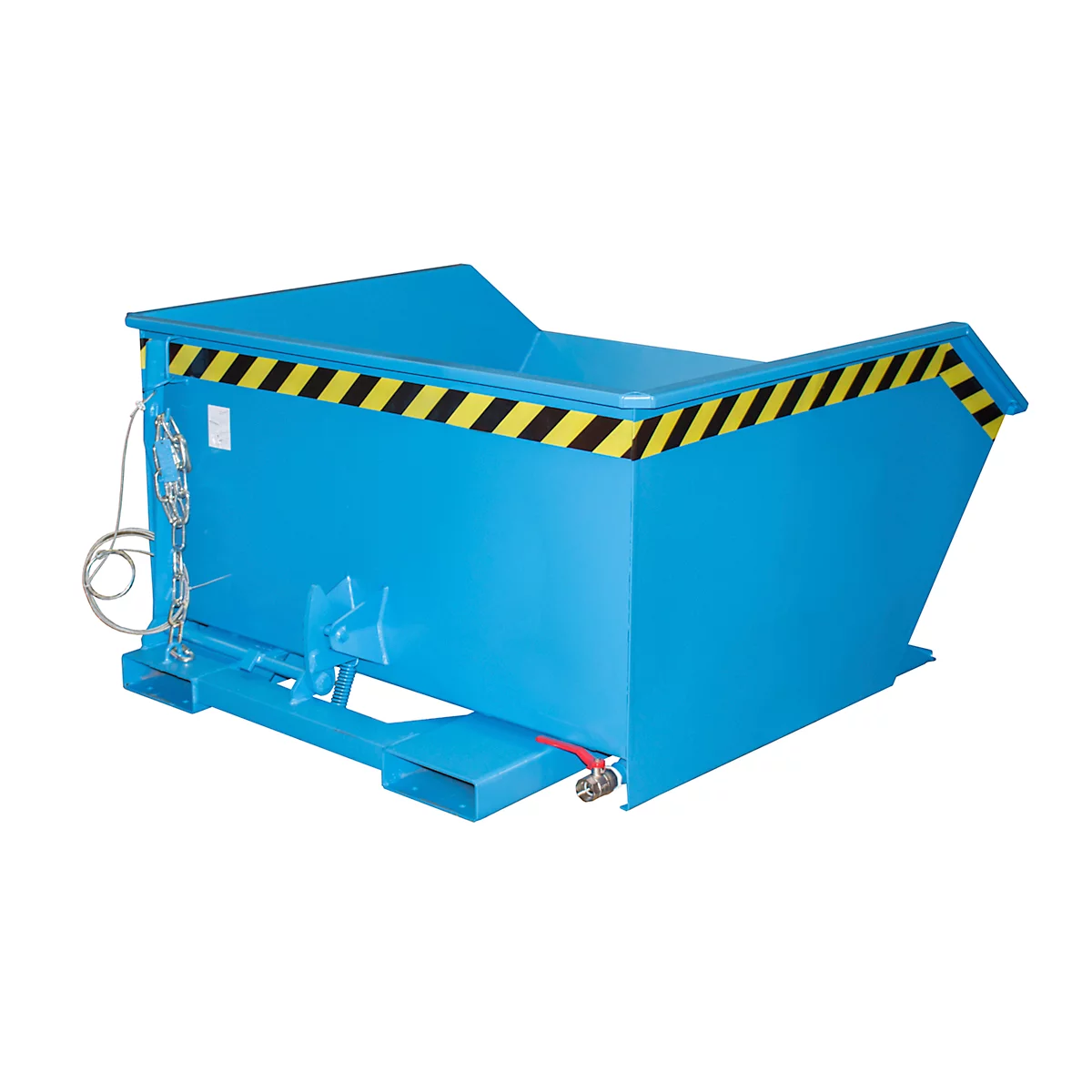 Blauw geschilderde afvalcontainer met geelzwarte waarschuwing, staand op pallets.