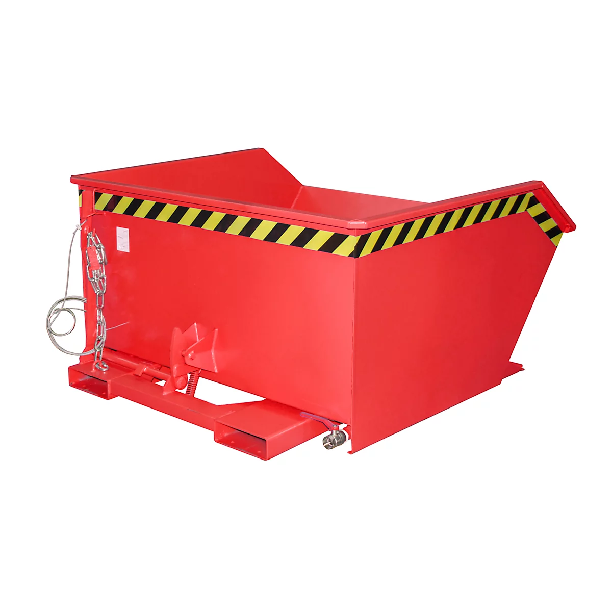Rode containerbak met zwart-gele waarschuwingsstrepen. Ketting en beugel voor bevestiging, op een witte achtergrond.