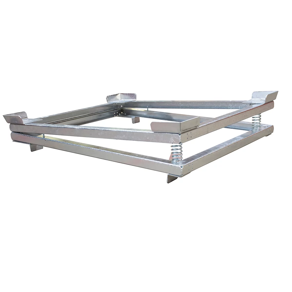 Metalen palletframe, hoekig, zilverkleurig, met veren.